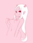  areola breasts demon eyebrows eyelashes female hair half-length_portrait horn humanoid humanoid_pointy_ears long_hair mars_(miu) midriff miu monochrome navel nipple_fetish nipple_pinch nipple_play nipple_pull nipples pinch pink_and_white pink_background portrait simple_background sketch small_horn smile solo 