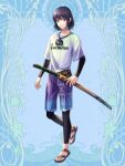  1boy black_hair blue_background blue_shorts camera dairoku_ryouhei full_body iwanaga_kanjuro kansai_takeru katana looking_at_viewer male_focus medium_hair red_eyes sandals sheath sheathed shirt shorts sword t-shirt weapon 