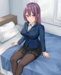  bed black_pantyhose dracula_(5574) highres original pantyhose purple_hair school_uniform uniform window 