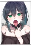  1girl bare_shoulders black_hair breasts collarbone green_eyes hiruno large_breasts light_blush mask mask_pull mole mole_on_breast mouth_mask open_mouth original piercing sidelocks solo tongue tongue_out tongue_piercing yuina_(hiruno) 
