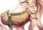  1girl abs absurdres barghest_(fate) barghest_(swimsuit_archer)_(fate) barghest_(swimsuit_archer)_(first_ascension)_(fate) blonde_hair breast_pocket breasts cleavage crop_top crossed_bangs fate/grand_order fate_(series) green_eyes green_neckerchief highres huge_breasts lee-taro long_hair low_neckline muscular muscular_female neckerchief open_mouth pocket ponytail scout_uniform shirt signature solo yellow_shirt 