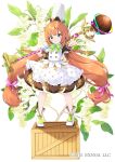  1girl ahoge apron bow brown_dress brown_hair bubble_skirt chef_hat closed_mouth dot_nose dress flower flower_knight_girl green_bow green_eyes hat highres holding holding_staff legs_apart long_hair looking_at_viewer low-tied_long_hair macadamia_(flower_knight_girl) name_connection object_namesake official_art outstretched_hand sakuma_shiki shoes simple_background skirt smile solo staff standing_on_box twintails white_apron white_background white_footwear 