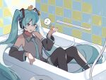  1girl absurdres aqua_eyes aqua_hair aqua_nails aqua_necktie bare_shoulders bath bathtub black_sleeves black_thighhighs collared_shirt commentary detached_sleeves grey_shirt hair_between_eyes hand_up hatsune_miku headphones highres indoors long_hair long_sleeves looking_at_object mikuni144 musical_note necktie open_mouth rubber_duck shirt sitting sleeveless sleeveless_shirt smile solo spoken_musical_note symbol-only_commentary thighhighs twintails very_long_hair vocaloid 