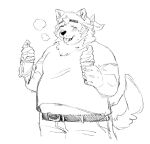  anthro bandanna belly belt blush canid canine canis clothing dessert domestic_dog eyebrows food hi_res ice_cream ice_cream_cone kerchief lifewonders live_a_hero male mammal mokdai navel overweight shirt sketch solo t-shirt thick_eyebrows tongue tongue_out topwear touuuda 