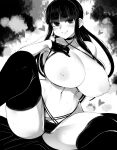  1girl breasts cleavage closed_mouth collarbone commentary_request cowboy_shot curvy gloves greyscale groin hand_on_own_chest haseru_(ginku_mh) heart highres huge_breasts long_hair monochrome navel nipples original panties sidelocks smile solo sweat thighhighs tongue tongue_out underwear 