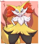  absurd_res an-tonio angry anthro blush braixen breasts canid canine clothing digital_media_(artwork) female fur generation_6_pokemon hair hi_res mammal nintendo panties panty_shot pokemon pokemon_(species) solo teeth underwear yellow_body yellow_fur 