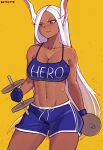  1girl abs absurdres alternate_costume animal_ears artist_name blue_gloves blue_shorts blue_sports_bra boku_no_hero_academia breasts cleavage closed_mouth dark-skinned_female dark_skin dumbbell exercise gloves highres large_breasts long_hair mirko muscular muscular_female navel rabbit_ears rabbit_girl red_eyes satelyte shorts simple_background solo sports_bra weightlifting white_hair yellow_background 