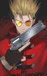  1boy @acchom_zatta absurdres black_background black_gloves blonde_hair coat earrings fighting_stance gloves green_eyes gun highres holding holding_gun holding_weapon hoop_earrings jewelry male_focus mole mole_under_eye partially_fingerless_gloves red_background red_coat simple_background single_earring solo sunglasses trigun two-tone_background upper_body v-shaped_eyebrows vash_the_stampede weapon 