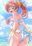  1girl ass beach bikini cowboy_shot frilled_bikini frills from_behind green_eyes hanzou highres hirogaru_sky!_precure looking_back nijigaoka_mashiro ocean open_mouth pink_hair ponytail precure scrunchie sky solo swimsuit white_bikini wrist_scrunchie yellow_scrunchie 