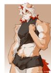  1boy abs absurdres animal_ears arknights bara black_male_underwear boxers brown_fur bulge dog_boy dog_ears expressionless feet_out_of_frame furry furry_male highres horns hung_(arknights) lifted_by_self looking_at_viewer male_focus male_underwear medium_hair mjj_mianbao multicolored_hair muscular muscular_male navel navel_hair no_pants orange_eyes orange_hair pectorals shirt single_horn sleeveless sleeveless_shirt solo standing stomach streaked_hair thick_eyebrows thick_thighs thighs two-tone_fur underwear white_fur 