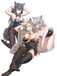  3girls animal_ear_fluff animal_ears arknights bare_legs black_hair black_leotard black_nails blue_bow blue_bowtie blue_leotard bow bowtie brown_leotard brown_thighhighs detached_collar extra_ears feet grey_eyes hair_ornament hairclip highres jacket lappland_(arknights) leotard long_hair mole_above_eye mole_on_forehead multiple_girls naixorth necktie open_clothes open_jacket pantyhose penance_(arknights) scar scar_across_eye scar_on_face tail texas_(arknights) thighhighs toes wolf_ears wolf_girl wolf_tail wrist_cuffs yellow_necktie 