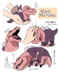  absurdres animal animal_focus anjanath body_fur carrying claws closed_eyes closed_mouth colored_sclera curled_up dinosaur full_body grey_fur headpat highres holding holding_animal ikuchi_osutega in_palm lying minimized monster_hunter_(series) multiple_views nose_bubble on_side open_mouth out_of_frame petting sharp_teeth simple_background size_difference sleeping slit_pupils snoring sound_effects teeth tongue translation_request tyrannosaurus_rex white_background yawning yellow_eyes yellow_sclera 