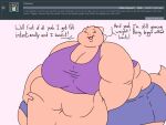  2018 anthro batspid2 belly big_belly big_breasts bottomwear breasts clothing crop_top cutoffs denim denim_clothing dialogue digital_drawing_(artwork) digital_media_(artwork) english_text exclamation eyebrows eyelashes eyes_closed female flabby_arms flat_colors frill_(anatomy) happy head_crest head_frill holding_belly juna_(batspid2) lizard membrane_(anatomy) membranous_frill morbidly_obese morbidly_obese_anthro morbidly_obese_female navel obese obese_anthro obese_female overweight overweight_anthro overweight_female reptile scalie shirt shorts simple_background smile solo tail text topwear wide_hips 