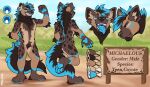  2023 anthro biped blue_body blue_eyes blue_fur blue_hair blue_pawpads blue_tail blue_tongue brown_body brown_fur brown_hair brown_tail butt canid canine canis chest_tuft claws countershade_fur countershading coyote fangs featureless_crotch fur hair hi_res hybrid hyena male mammal michaelous_(pagrynga) model_sheet multicolored_hair multicolored_tail nude open_mouth outside pagrynga pawpads paws solo spots spotted_body spotted_fur standing tail tan_body tan_fur teeth tongue tuft 