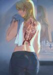  1girl arm_at_side ass back back_tattoo blonde_hair blue_pants breasts brown_eyes cowboy_shot denim from_behind fullmetal_alchemist hair_between_eyes hand_up highres indoors jeans large_breasts long_hair mashuu_(neko_no_oyashiro) mirror pants profile reflection riza_hawkeye scar scar_on_back shiny_skin sink solo standing tattoo topless towel wet wet_hair 