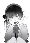  1girl absurdres arima_kana beret black_eyes black_hair blush bob_cut crying crying_with_eyes_open greyscale hat hat_ribbon highres humi_humi inverted_bob looking_at_viewer monochrome oshi_no_ko ribbon school_uniform short_hair simple_background sitting solo tears white_background youtou_high_school_uniform 