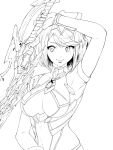  1girl arm_up breasts closed_mouth commentary core_crystal_(xenoblade) covered_armpit covered_navel eyelashes fingerless_gloves gloves highres holding holding_sword holding_weapon impossible_clothes large_breasts lineart looking_at_viewer medium_hair parted_bangs pyra_(xenoblade) rpnk_izuru short_sleeves sidelocks simple_background smile solo swept_bangs sword tiara upper_body weapon xenoblade_chronicles_(series) xenoblade_chronicles_2 