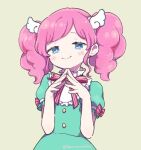  1girl aikatsu! aikatsu!_(series) amahane_madoka blue_dress blue_eyes blush closed_mouth collar commentary_request curly_hair dress frilled_collar frills grey_background half-closed_eyes hands_up long_hair looking_at_viewer neck_ribbon own_hands_together pink_hair puffy_short_sleeves puffy_sleeves red_ribbon ribbon short_sleeves simple_background smile solo steepled_fingers terayamaden twintails upper_body white_collar wing_hair_ornament 