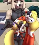  anthro arm_wraps bandai_namco bandanna bangs bell belt canid canine carrying carrying_another carrying_person clothing crop_top dark_sclera digimon digimon_(species) duo exposed_shoulders eyes_closed facial_markings female fox furball genji hand_on_face head_markings hi_res hybrid imp impmon kerchief larger_male larger_male_smaller_female leggings legwear looking_down_at_partner male male/female mammal markings navel open_mouth renamon renimpmon renimpmon_x shirt short_stack size_difference sleeves smaller_female topwear wraps 