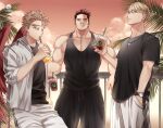  3boys bara best_jeanist black_pants black_shirt black_tank_top blonde_hair blue_eyes bob_cut boku_no_hero_academia breasts brown_eyes chest_hair ching_32 closed_mouth drink drinking drinking_straw earrings endeavor_(boku_no_hero_academia) eye_tattoo facial_hair forked_eyebrows goatee green_eyes hand_in_pocket hawks_(boku_no_hero_academia) holding holding_drink iced_coffee jacket jewelry large_pectorals leaning_back looking_at_viewer male_focus mature_male multiple_boys muscular muscular_male mustache_stubble necklace open_clothes open_jacket palm_tree pants pectoral_cleavage pectorals red_hair red_wings scar scar_across_eye scar_on_chest scar_on_face shirt short_hair sideboob sideburns stud_earrings sunset sweatpants tank_top thick_eyebrows toned toned_male tree watch wavy_hair white_jacket white_pants white_shirt wings wristwatch 