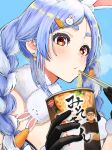  1girl absurdres animal_ear_fluff animal_ears arm_garter artist_name black_gloves black_leotard blowing_on_food blue_hair blush braid breasts carrot_earrings carrot_hair_ornament chopsticks cleavage commentary cup_ramen don-chan_(usada_pekora) dress earrings eating food-themed_earrings food-themed_hair_ornament from_side fur-trimmed_gloves fur_trim gloves hair_ornament hairclip highres hikakin hikakin_(person) holding holding_chopsticks hololive jewelry leotard leotard_under_clothes light_blue_hair long_hair looking_at_viewer multicolored_hair nissin oonouni parted_bangs product_placement puckered_lips rabbit-shaped_pupils rabbit_ears rabbit_hair_ornament red_eyes sidelocks simple_background small_breasts solo steam strapless strapless_dress symbol-only_commentary symbol-shaped_pupils thick_eyebrows twin_braids twintails two-tone_hair upper_body usada_pekora usada_pekora_(1st_costume) virtual_youtuber white_dress white_hair 