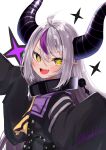  1girl absurdres ahoge ascot black_coat black_horns braid braided_bangs coat coat_dress collar grey_hair highres hololive horns kagu_(a_hazy_moon) la+_darknesss la+_darknesss_(1st_costume) long_hair looking_at_viewer metal_collar multicolored_hair pointy_ears purple_hair sleeves_past_fingers sleeves_past_wrists slit_pupils smile solo streaked_hair striped_horns virtual_youtuber yellow_ascot yellow_eyes 