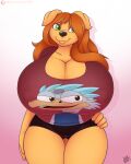  absurd_res anthro big_breasts bottomwear breasts canid canine canis cleavage clothed clothing digital_media_(artwork) domestic_dog drxii female fur green_eyes hair hi_res huge_breasts mammal nipple_outline orange_hair shorts simple_background smile solo stretched_shirt topwear 