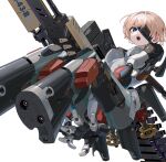  1girl absurdres blonde_hair blue_eyes breasts cyborg eyepatch gun highres joints looking_at_viewer medium_breasts original rifle robot_joints science_fiction short_hair solo teeth upper_teeth_only weapon white_background yunimaru 