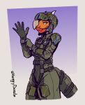  2023 absurd_res anthro armor armored_core_(series) clothed clothing eyeliner eyeshadow female flight_suit fullbody_suit gloves green_eyes handwear headgear helmet hi_res horn hungrydazzle jumpsuit lizard makeup pilot pilot_helmet red_body red_scales reptile scales scalie science_fiction simple_background solo straps tail_strap visor white_horn xil-bar 