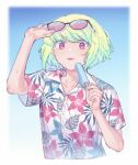  1boy alternate_costume blue_background border commentary eyewear_on_head floral_print food gradient_background green_hair hand_up hawaiian_shirt highres holding holding_food holding_popsicle kome_1022 lio_fotia male_focus otoko_no_ko popsicle promare purple_eyes shirt short_hair solo sunglasses sweat symbol-only_commentary tongue tongue_out white_border 