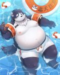  anthro belly blue_eyes blush bottomwear bulge canid canine canis clothing domestic_dog eyebrows floatie floating footwear fur grey_body grey_fur harima hi_res inflatable japanese_text looking_at_viewer male mammal moobs navel nipples novembe41511045 overweight sandals shorts smile solo swim_ring swimming swimming_pool tamacolle text thick_eyebrows 