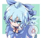  1girl :t ahoge anger_vein blue_bow blue_dress blue_eyes blue_hair bow cirno closed_mouth commentary_request dress green_background hair_bow ice ice_wings isu_(is88) looking_at_viewer pout short_hair short_sleeves solo spoken_anger_vein touhou wings 