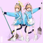  2girls animal_ear_headphones animal_ears apron aqua_jacket bandaid bandaid_on_leg blue_archive blush broom cat_ear_headphones character_name clothes_writing fake_animal_ears full_body green_eyes headphones highres holding holding_broom holding_mop jacket kuro4221 long_sleeves looking_at_viewer maid_headdress midori_(blue_archive) midori_(maid)_(blue_archive) momoi_(blue_archive) momoi_(maid)_(blue_archive) mop multiple_girls open_mouth orange_hair parted_lips pink_background red_eyes shoes simple_background sneakers standing tail track_jacket white_apron white_footwear 