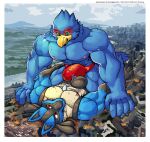  anthro avian bird blue_body bulge bulge_frottage canid canine city clothing destruction duo eeveelution falco_lombardi generation_2_pokemon generation_4_pokemon hi_res kneeling lucario lying macro mammal maxwell_kyris nintendo pokemon pokemon_(species) shiny_pokemon speedo spikes spikes_(anatomy) star_fox swimwear train umbreon vehicle wolfmalro 