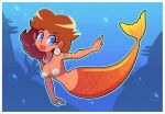  alternate_species blue_eyes breasts brown_hair female fin galaxy_cowboy hair hi_res humanoid jewelry marine mario_bros merfolk navel necklace nintendo open_mouth open_smile princess_daisy smile solo split_form underwater water 
