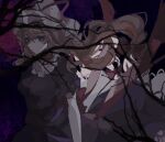  1girl black_background blonde_hair branch dark_background dress frilled_shirt_collar frills hair_flowing_over hat highres long_hair looking_at_viewer looking_to_the_side mob_cap purple_background purple_dress purple_eyes shindiyue short_sleeves solo touhou tree white_headwear yakumo_yukari 