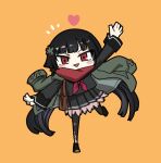  1girl :d arm_up black_footwear black_hair black_pantyhose black_serafuku black_shirt black_skirt blunt_bangs blush chibi clip_studio_paint_(medium) commentary_request full_body girls&#039;_frontline green_jacket hair_ornament heart jacket jacket_on_shoulders korean_commentary long_hair long_sleeves looking_at_viewer madcore neckerchief notice_lines open_mouth orange_background pantyhose pleated_skirt red_eyes red_neckerchief red_scarf scarf school_uniform serafuku shirt skirt smile solo standing standing_on_one_leg type_100_(girls&#039;_frontline) v-shaped_eyebrows very_long_hair 