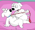  anthro black_eyes blue_collar brian_griffin collar duo family_guy fur furniture hi_res male male/male open_mouth pink_sofa pink_tongue red_collar robot_brian signature sofa soupsonic705 tongue white_body white_fur 