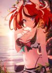  1girl absurdres animal_ear_fluff animal_ears bikini black_hair blue_eyes blurry blurry_background breasts cleavage hakos_baelz highres hololive hololive_english hololive_summer_2023_swimsuit jiang_ye_kiri long_hair looking_at_viewer medium_breasts mouse_ears mouse_girl mouse_tail multicolored_hair nail_polish navel ocean red_hair smile streaked_hair striped striped_bikini sunset swimsuit tail twintails virtual_youtuber white_hair 