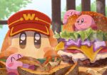  absurdres blue_eyes blush_stickers brown_eyes burger cheese closed_mouth eating food food_focus highres kirby kirby_(series) lettuce miclot no_humans pink_footwear potato_wedges sauce shoes sparkling_eyes steam tomato visor_cap waddle_dee window 