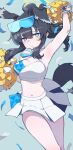  1girl absurdres animal_ears arm_up armpits bangle bare_arms bare_shoulders black_hair blue_archive blue_eyes blush bracelet breasts cheering cheerleader confetti crop_top dog_ears dog_girl dog_tail eyewear_on_head goggles goggles_on_head halo hibiki_(blue_archive) hibiki_(cheer_squad)_(blue_archive) highres holding jewelry long_hair looking_at_viewer medium_breasts midriff millennium_cheerleader_outfit_(blue_archive) navel official_alternate_costume open_mouth pom_pom_(cheerleading) ponytail skirt sleeveless solo standing star_sticker stomach sunglasses tail text_print thigh_gap ubo_(dbsgurdbsk) white_skirt yellow_halo 