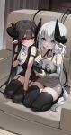  2girls :o absurdres animal_on_shoulder arm_strap bare_shoulders black_choker black_horns black_thighhighs blue_eyes blush bright_pupils brown_hair cat cellphone choker closed_mouth collared_dress colored_inner_hair couch curled_horns demon_girl demon_horns demon_tail dress full_body garter_straps grey_dress hair_between_eyes hand_up hands_up highres holding holding_phone horns huizhiyin indoors legs_together light_blush long_hair long_sleeves looking_at_phone looking_down looking_to_the_side multicolored_hair multiple_girls multiple_necklaces number_print off-shoulder_dress off_shoulder on_couch open_mouth original phone pointy_ears red_eyes seiza short_dress sitting skindentation sleeveless sleeveless_dress sleeves_past_wrists smartphone straight_hair tail thighhighs very_long_hair white_cat white_hair white_pupils wristband zettai_ryouiki 