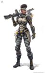  1girl alternate_costume apex_legends armor bangalore_(apex_legends) black_eyes brown_hair brown_scarf camouflage camouflage_pants dark-skinned_female dark_skin english_commentary full_body g7_scout gloves grey_gloves gun highres holding holding_gun holding_weapon looking_to_the_side michal_salata over_shoulder pants realistic rifle scarf science_fiction shadow short_hair solo weapon weapon_over_shoulder white_background 