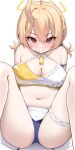  1girl absurdres ahoge bare_shoulders blonde_hair blue_archive blush breasts cheerleader cleavage closed_mouth crop_top hair_between_eyes halo highres kotori_(blue_archive) kotori_(cheer_squad)_(blue_archive) large_breasts looking_at_viewer low_twintails pomp_(qhtjd0120) red_eyes short_twintails simple_background sitting skirt solo sweat tears thigh_strap twintails white_background winter_clothes 