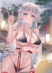  1girl arm_under_breasts azur_lane bikini bird black_bikini blue_eyes blush breasts chick cleavage collarbone commentary_request covered_nipples cowboy_shot earrings hand_up highres holding holding_hair jewelry lantern large_breasts long_hair looking_at_viewer mainz_(azur_lane) mainz_(the_silkiest_brew)_(azur_lane) manjuu_(azur_lane) navel no_shirt o-ring o-ring_bikini official_alternate_costume onsen paper_lantern parted_lips red_sash sash sidelocks signature single_earring sking standing stomach swimsuit tree very_long_hair white_hair 