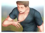  1boy bara black_pants black_shirt blurry blurry_background border brown_hair closed_eyes clothes_pull large_pectorals male_focus muscular muscular_male nipples open_mouth pants pectorals piers_nivans resident_evil resident_evil_6 shirt shirt_pull short_hair solo tarowo white_border 