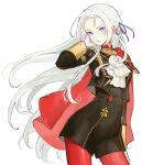  1girl ascot buttons cape commentary_request edelgard_von_hresvelg fire_emblem fire_emblem:_three_houses floating_hair forehead garreg_mach_monastery_uniform gloves hair_ribbon highres ikaikakka korean_commentary long_hair long_sleeves looking_at_viewer pantyhose purple_eyes purple_ribbon red_cape red_pantyhose ribbon simple_background solo uniform very_long_hair white_ascot white_background white_gloves white_hair 