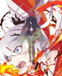  2girls armored_leotard artist_name back black_cape blood blood_on_face blue_eyes cape close-up earrings hair_ornament highres honkai_(series) honkai_impact_3rd jewelry kiana_kaslana kiana_kaslana_(herrscher_of_flamescion) long_hair multiple_girls murata_himeko murata_himeko_(vermillion_knight) open_mouth ponytail red_hair simple_background teeth very_long_hair white_background white_hair zunda_kaku 