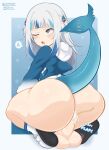  1girl a_(phrase) anal animal_costume animal_hood ass ass_focus blue_eyes blue_hair blue_hoodie blunt_bangs blush cum cum_in_ass cum_overflow deviltokyo ejaculation fang fins fish_tail gawr_gura gawr_gura_(1st_costume) grey_hair hair_ornament heart heart-shaped_pupils hetero highres hololive hololive_english hood hoodie kneeling long_sleeves medium_hair multicolored_hair no_pants one_eye_closed open_mouth penis sex shark_costume shark_girl shark_hair_ornament shark_hood shark_tail sharp_teeth shoes sidelocks sleeves_past_wrists sneakers solo_focus streaked_hair symbol-shaped_pupils tail teeth testicles twintails two_side_up virtual_youtuber white_footwear wide_sleeves 
