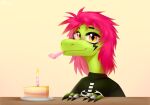  2022 anthro artist_name birthday cake candle chin_piercing claws clothed clothing colored crocodile crocodilian crocodylid dessert digital_drawing_(artwork) digital_media_(artwork) dinosaur dromaeosaurid eyebrow_piercing facial_piercing facial_tattoo food green_body green_scales hair half-closed_eyes hi_res hybrid johny_(rtootb) lizard long_hair looking_at_viewer male messy_hair narrowed_eyes piercing pink_hair red_eyes reptile ring_(jewelry) ring_piercing rtootb scales scalie shaded signature simple_background smile smiling_at_viewer solo sweater tattoo theropod topwear yellow_eyes 